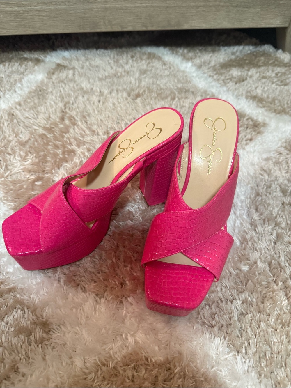 Jessica Simpson Neon Pink Croc-Texture Platform Slide Heels